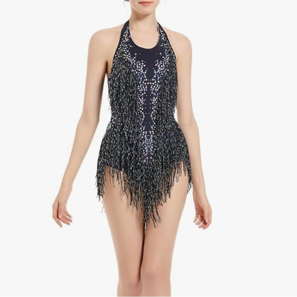 Sexy Black Fringe Rhinestone Women's bodysuit